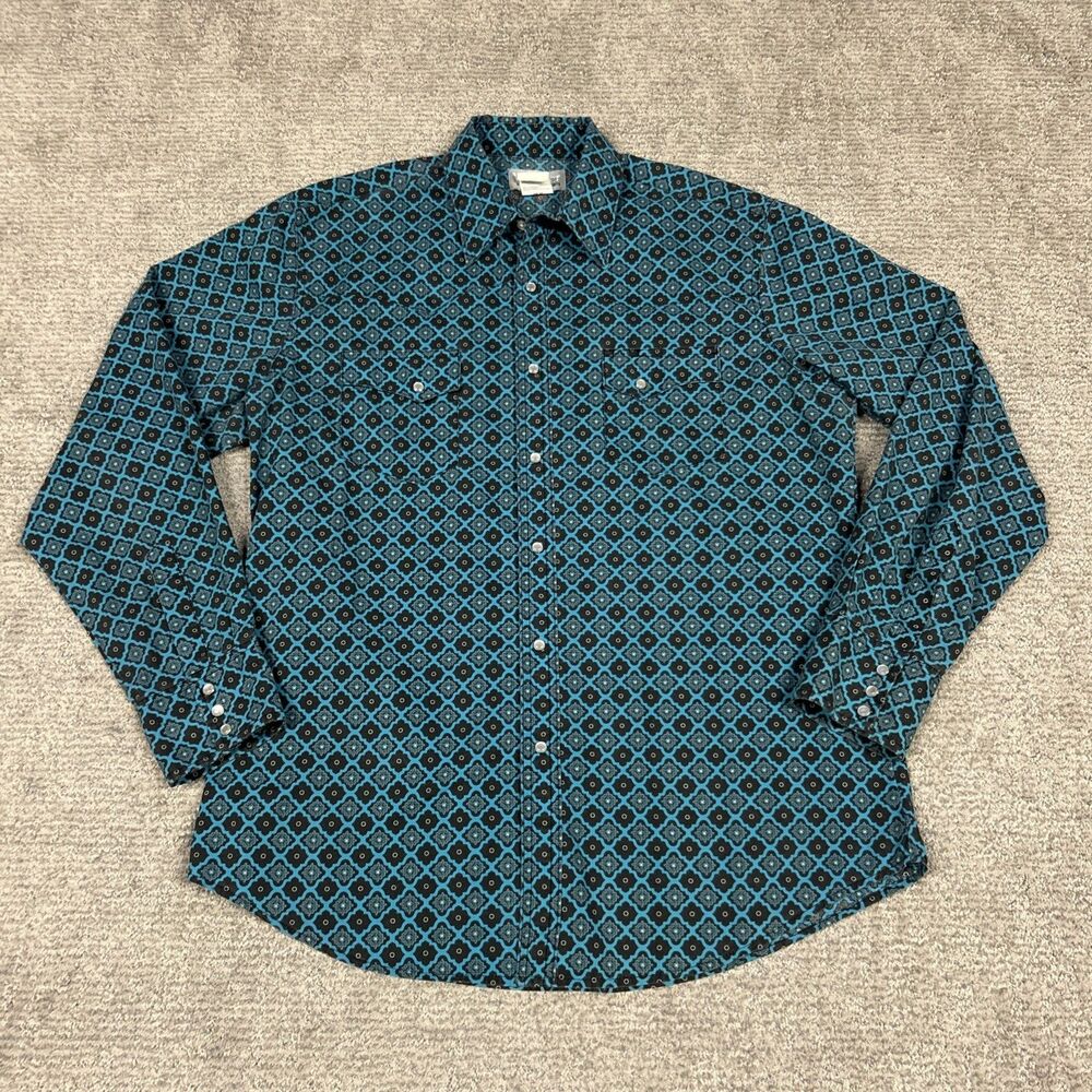 Wrangler Shirt Mens Medium Aqua Brown Western Rodeo Pearl Snap Cowboy Cotton